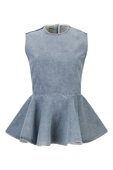 BLUE BLEACHED ROUND NECK PEPLUM TOP marques almeida