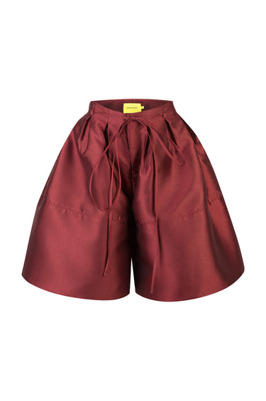 BURGUNDY HEAVY SATIN A-LINE VOLUME SHORTS MARQUES ALMEIDA