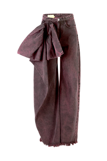 BURGUNDY OVERDYED DENIM BOW BOYFRIEND TROUSERS marques almeida