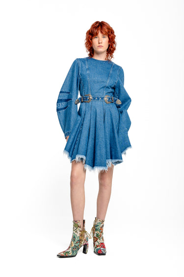DENIM SHORT DRESS WITH ROUND SLEEVES BLUE
