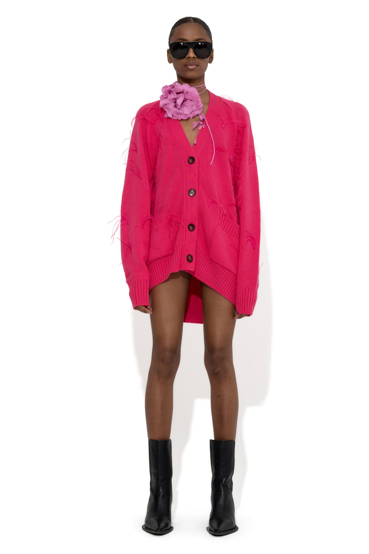 BRIGHT PINK MERINO WOOL OVERSIZE CARDIGAN WITH FEATHERS