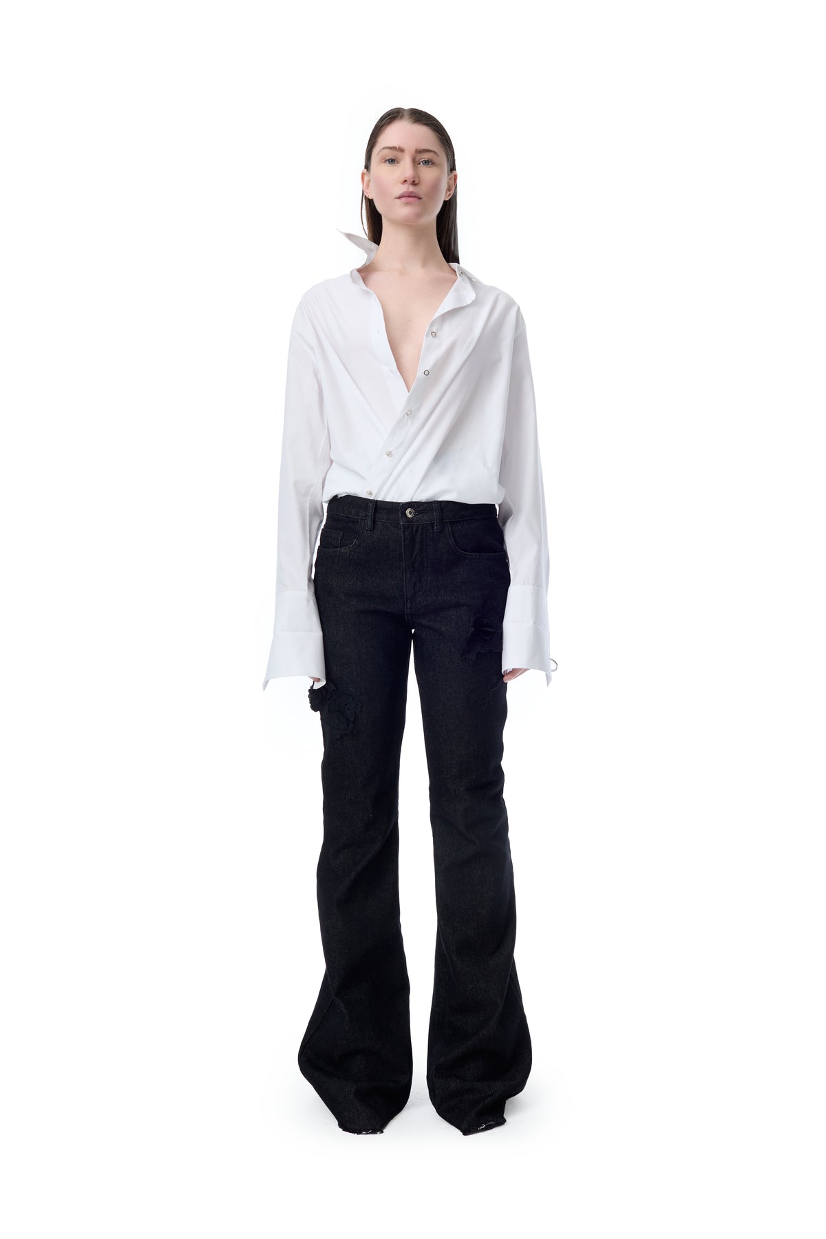 EMBROIDERED BLACK DENIM BOOTCUT JEANS – MARQUES