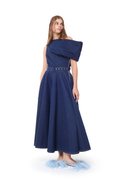 INDIGO DENIM OFF-SHOULDER MIDI DRESS – MARQUES ' ALMEIDA