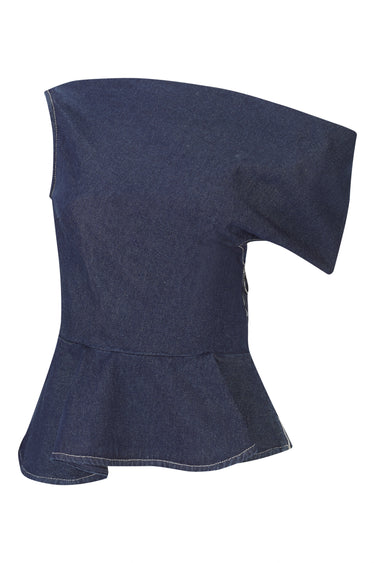 INDIGO DENIM OFF SHOULDER ASYMMETRIC TOP marques almeida