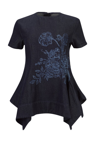 INDIGO FLOWER DENIM CAP SLEEVE TOP marques almeida