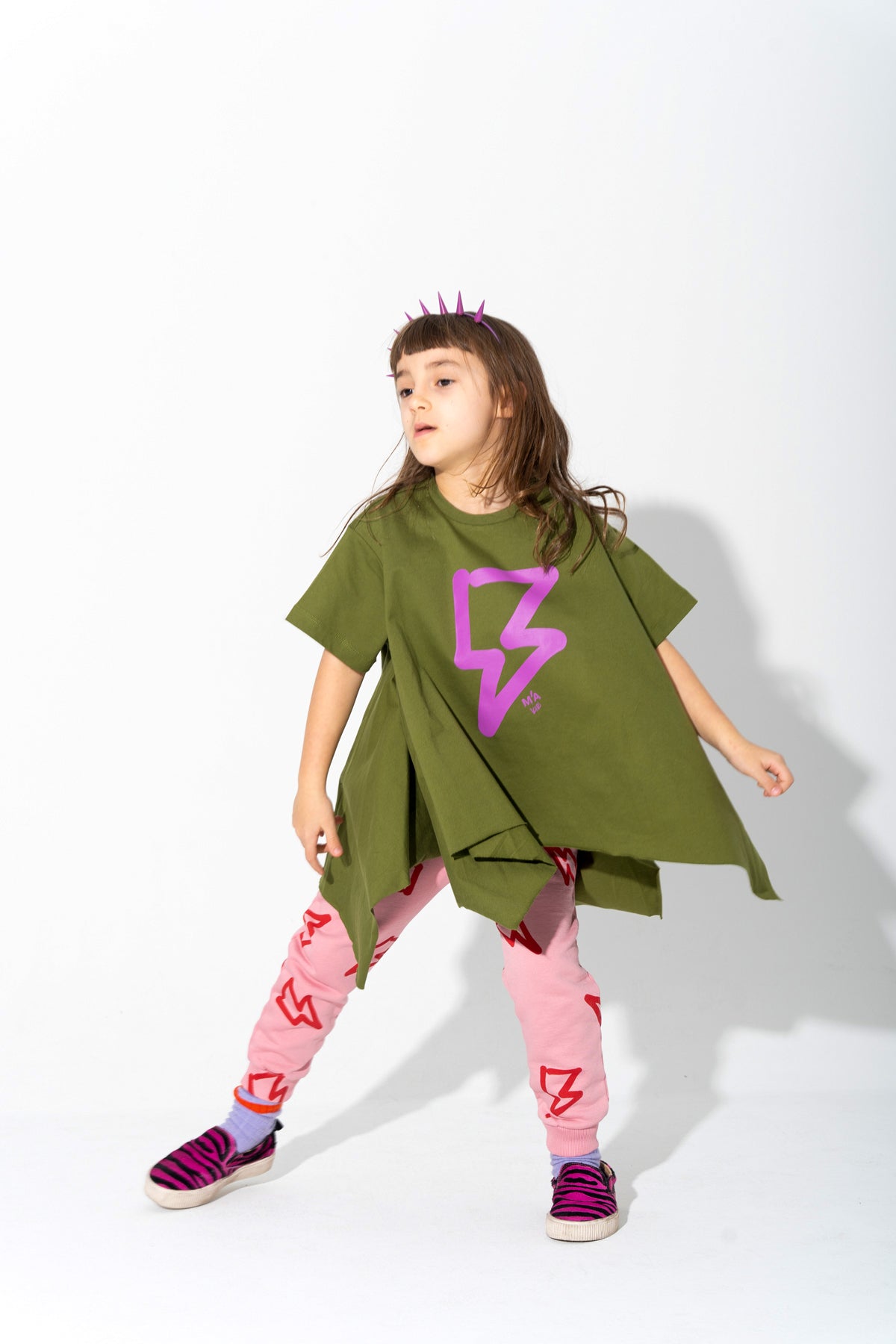 KHAKI AND PINK THUNDER PRINT FLAP T-SHIRT makids