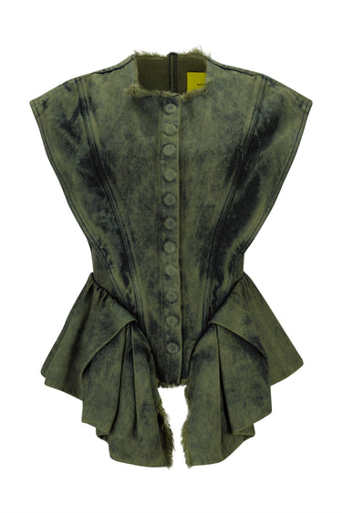 KHAKI OVERDYE DENIM STRUCTURED SHOULDER CINCHED TOP marques almeida