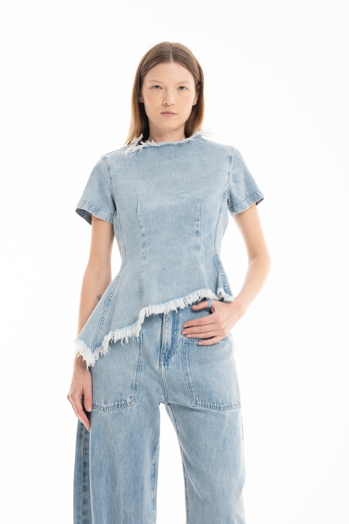 LIGHT BLUE DENIM ASYMMETRIC T-SHIRT – MARQUES 