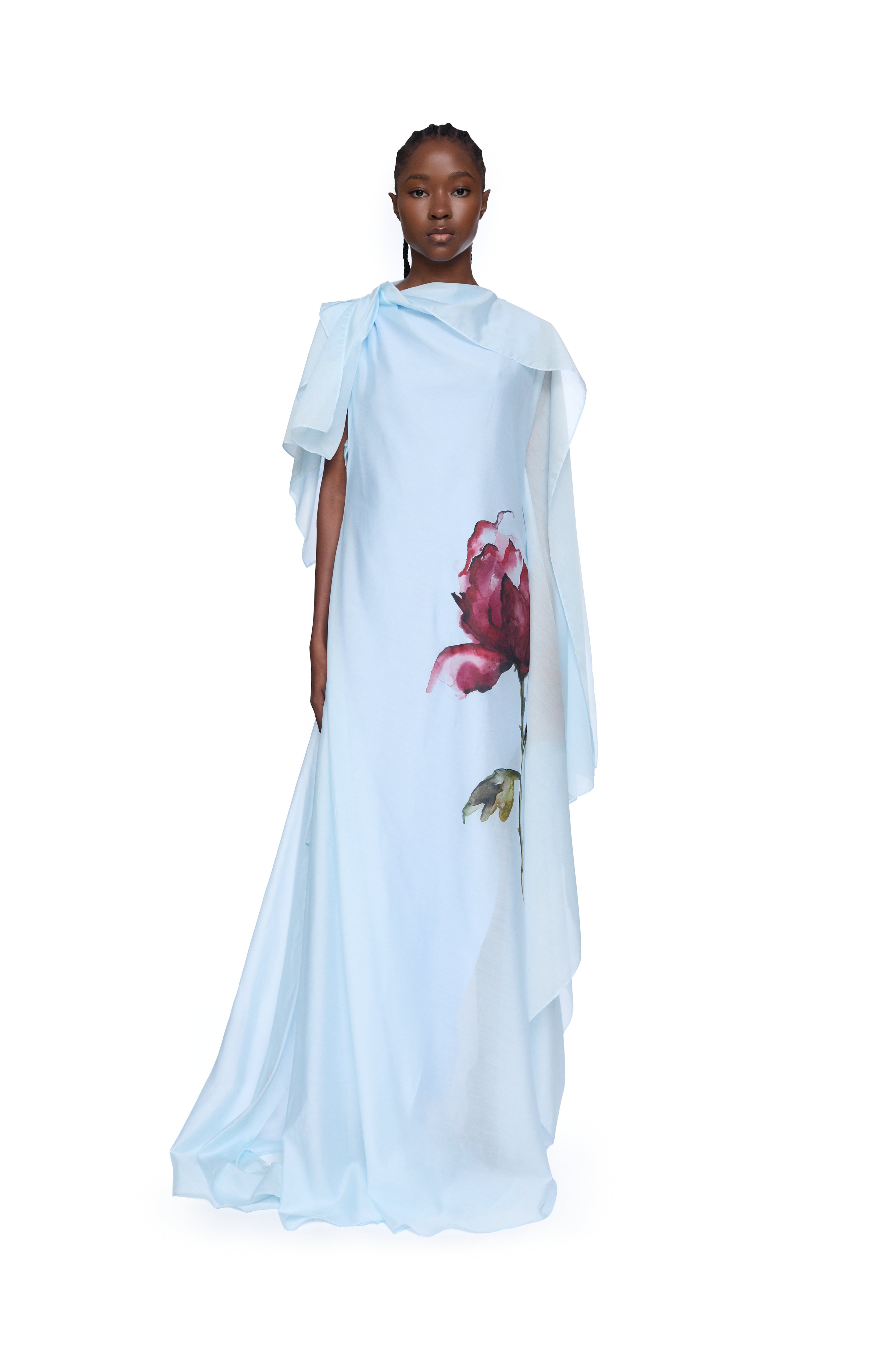 LIGHT BLUE WATERCOLOUR FLOWER SCARF DRAPE LONG DRESS MARQUES ' ALMEIDA LIGHT BLUE WATERCOLOUR FLOWER SCARF DRAPE LONG DRESS MARQUES ' ALMEIDA