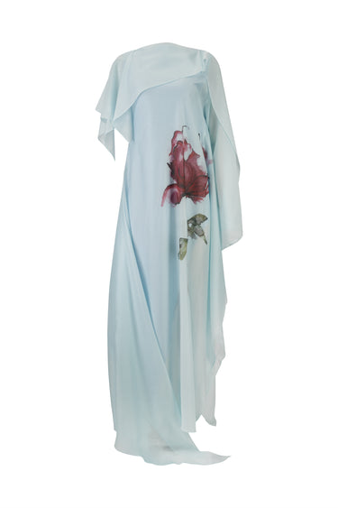 LIGHT BLUE WATERCOLOR FLOWER SCARF DRAPE LONG DRESS marques almeida