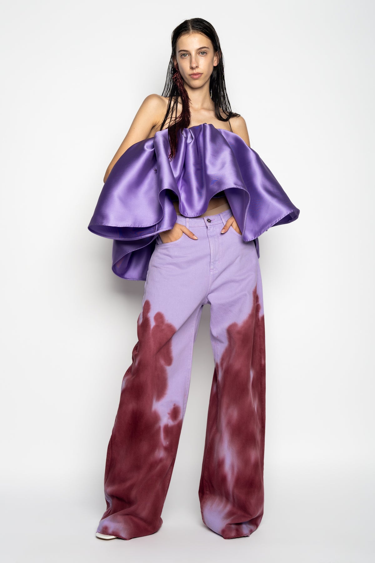 Marques Almeida LILAC AND BURGUNDY TIE DYE BOYFRIEND TROUSERS