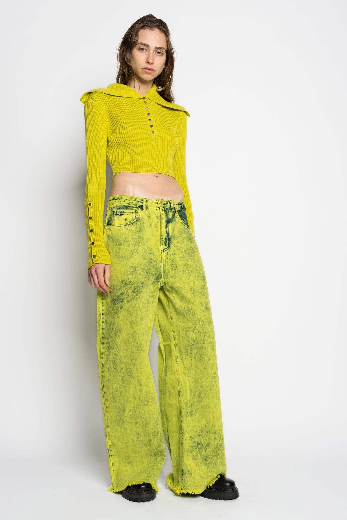 LIME MERINO WOOL KNITTED CROPPED TOP WITH BIG COLLAR marques almeida
