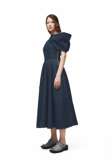 INDIGO DENIM OFF-SHOULDER MIDI DRESS