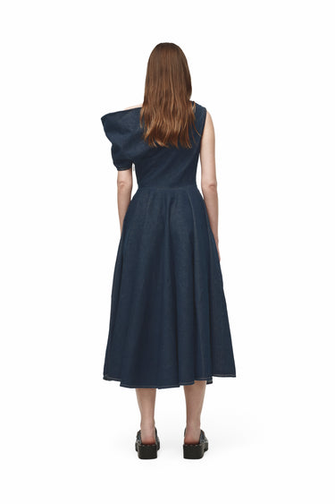 INDIGO DENIM OFF-SHOULDER MIDI DRESS