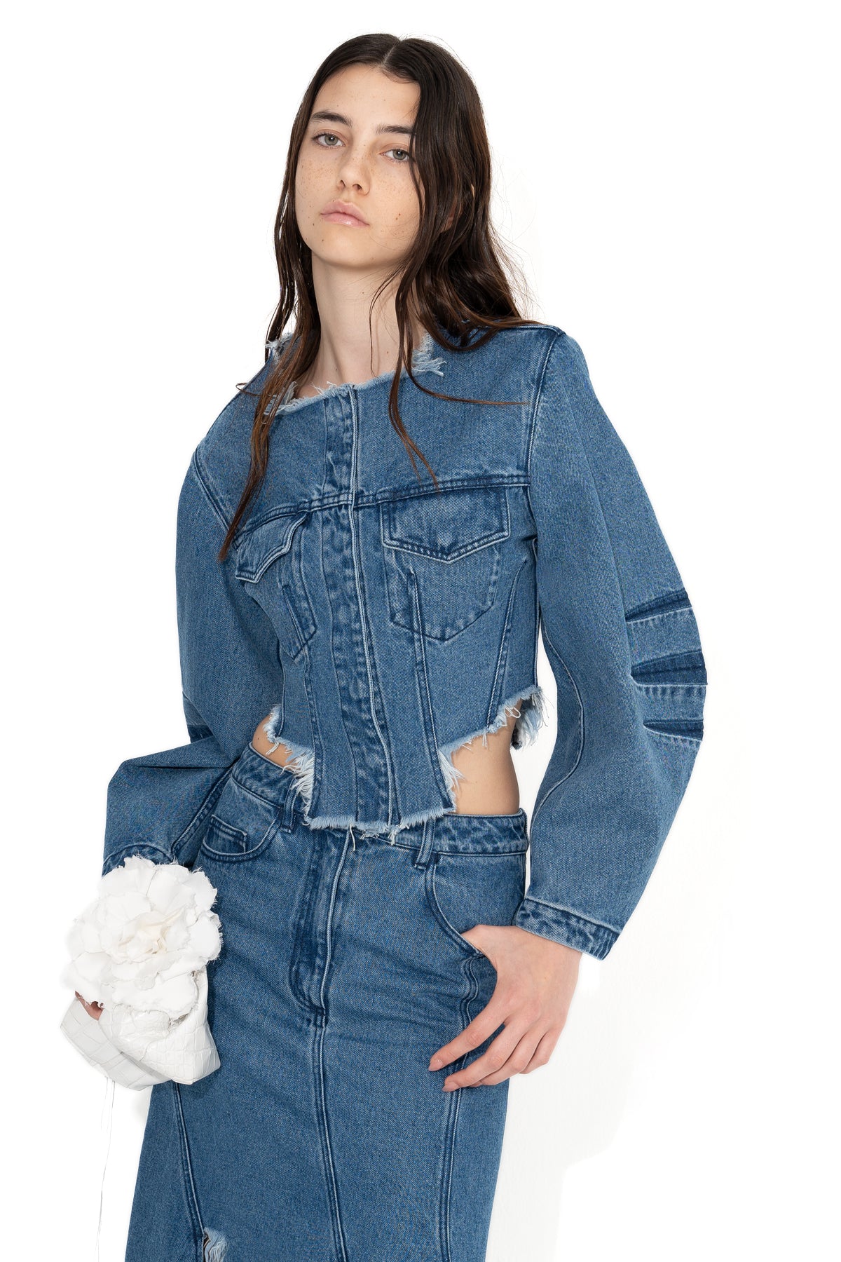 MID BLUE ROUND SLEEVE CROPPED JACKET marques almeida