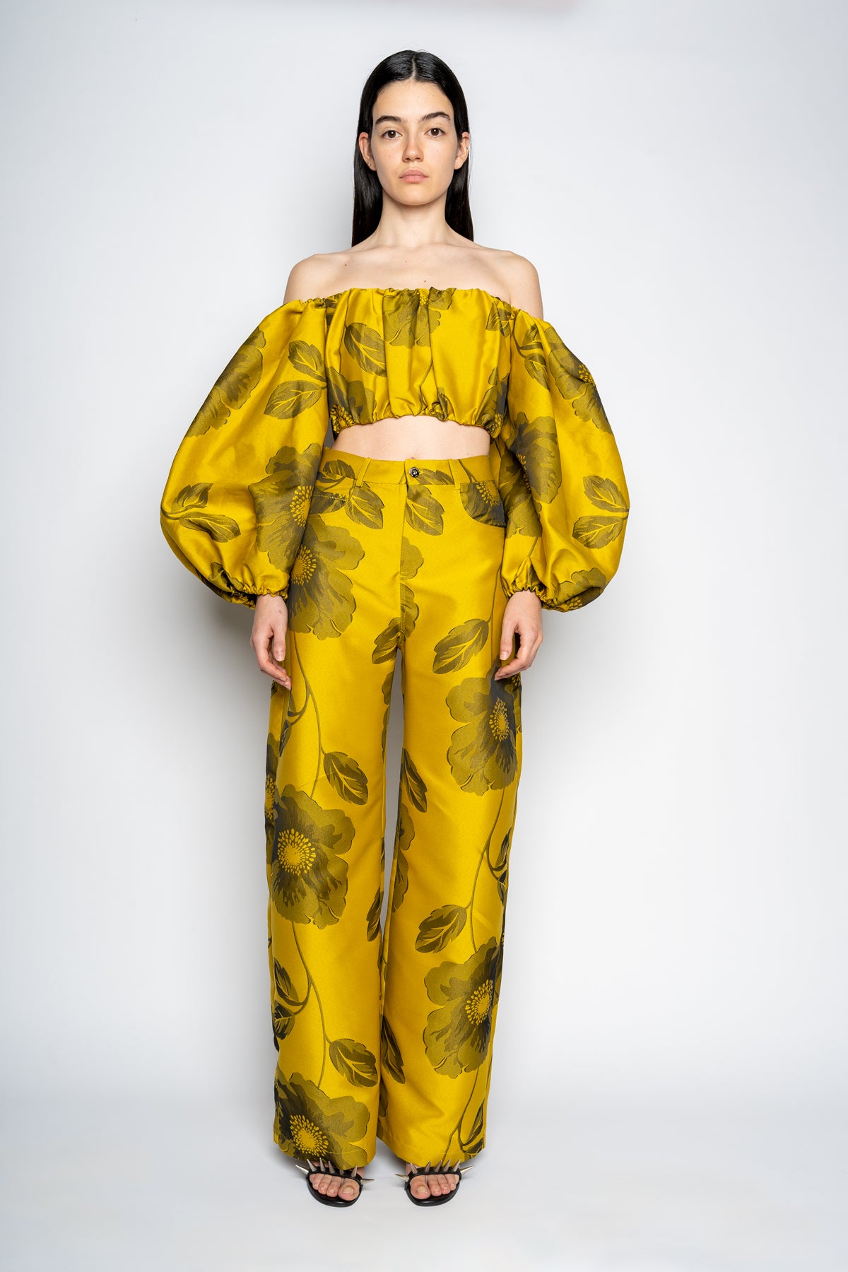 MUSTARD FLORAL BROCADE BOYFRIEND TROUSERS marques almeida