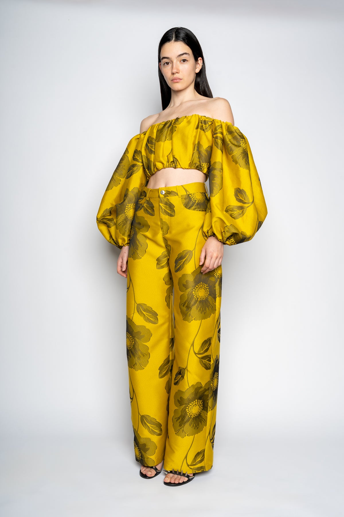 MUSTARD FLORAL BROCADE BOYFRIEND TROUSERS marques almeida