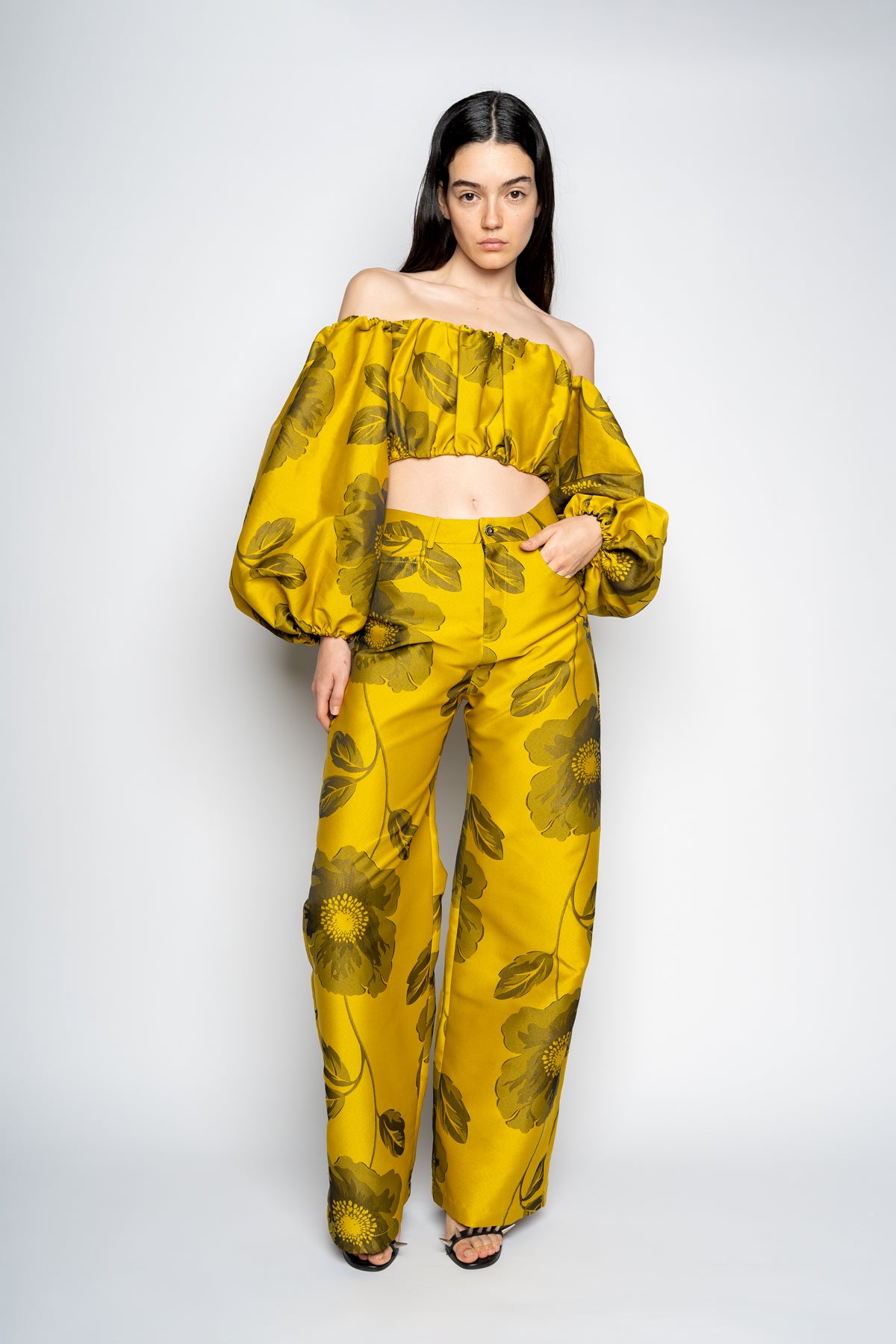 MUSTARD FLORAL BROCADE BOYFRIEND TROUSERS marques almeida