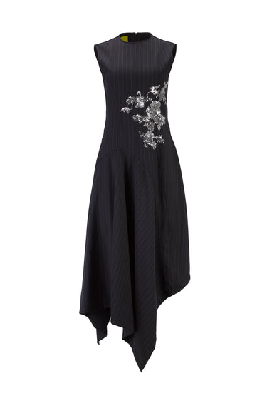 NAVY PINSTRIPE SLEEVELESS DRESS WITH EMBROIDERY marques almeida