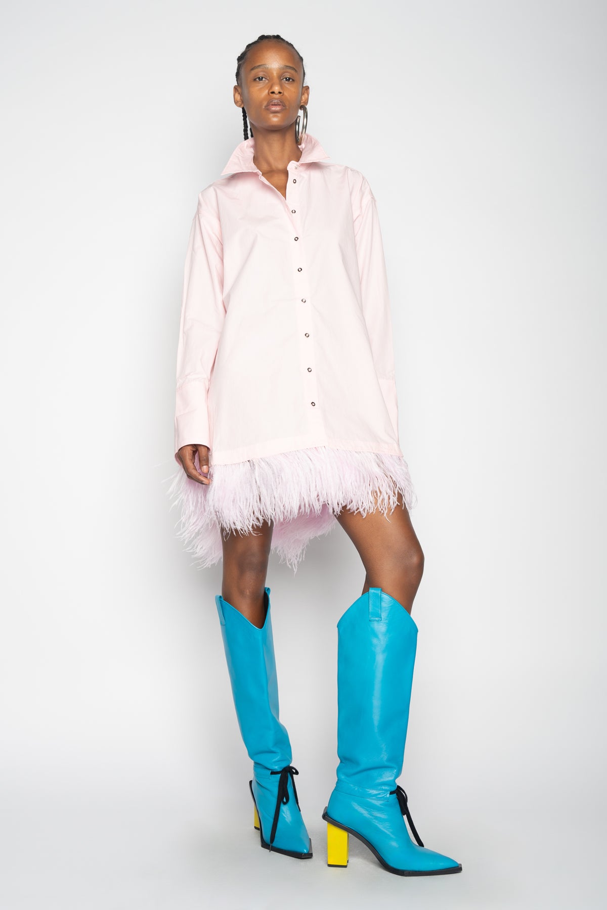 LIGHT PINK FEATHER HEM SHIRT DRESS