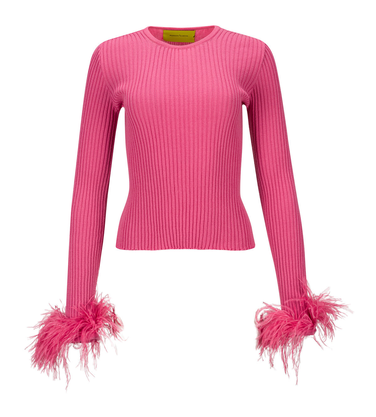 PINK MERINO WOOL FITTED TOP WITH FEATHERS