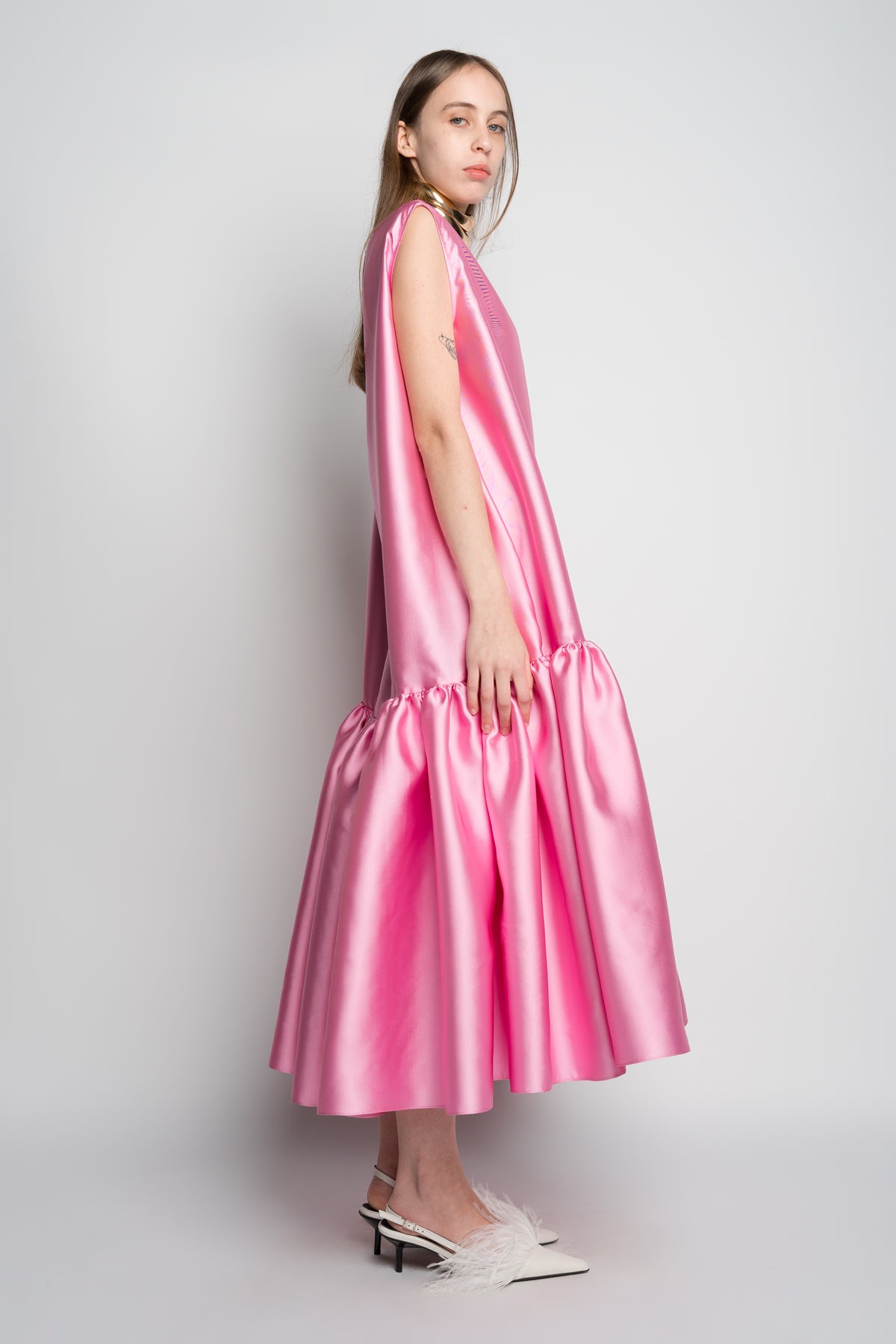 PINK MIDI SLEEVELESS PUFF HEM DRESS marques almeida