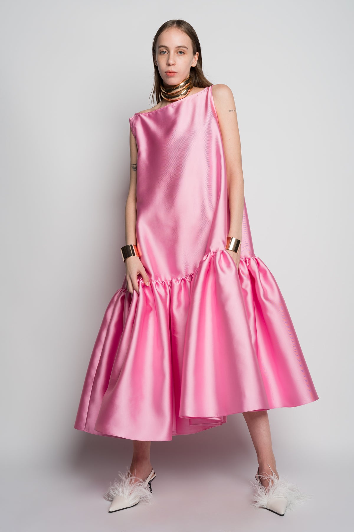 PINK MIDI SLEEVELESS PUFF HEM DRESS marques almeida