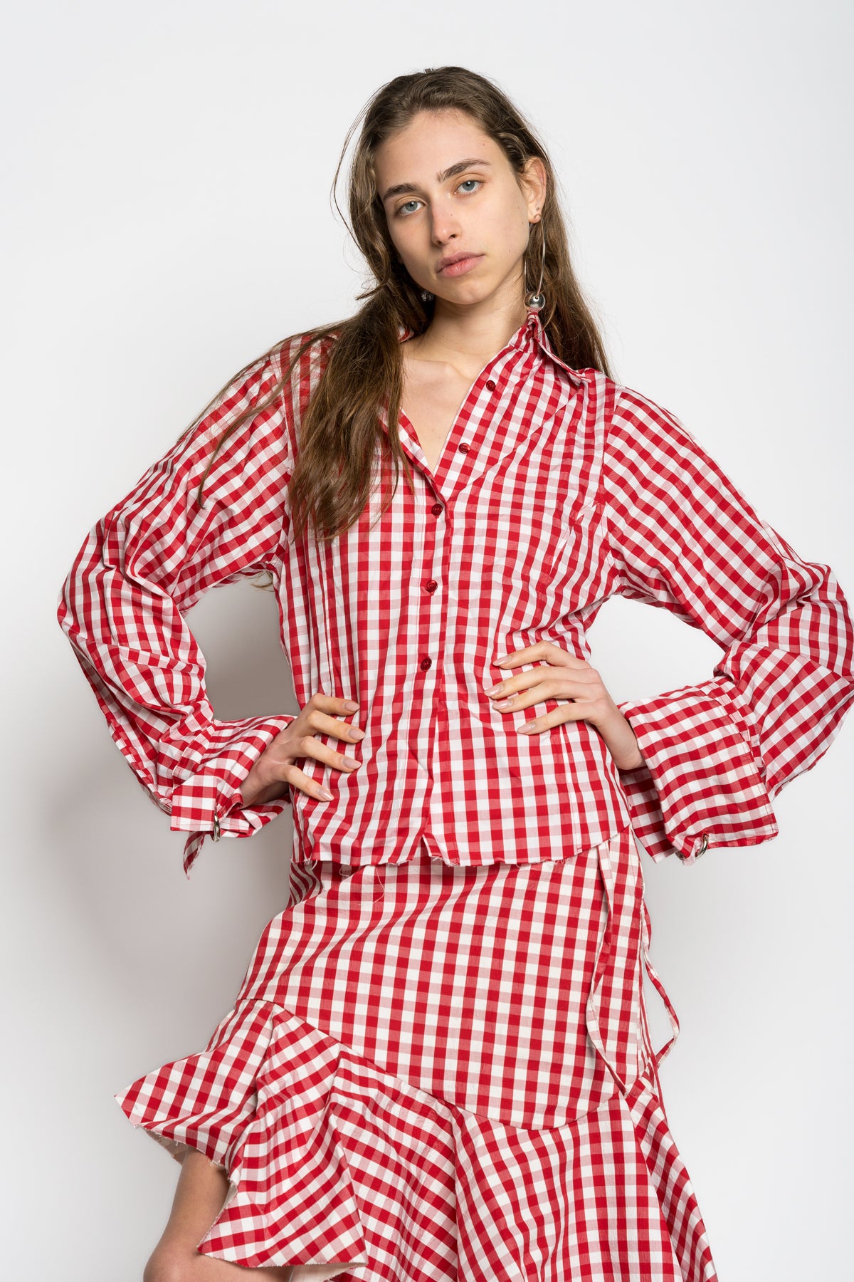 PRE-OWNED / RED GINGHAM POINTED COLLAR SHIRT