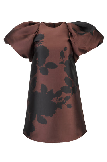 BROWN PRINTED BALLOON SLEEVE DRESS