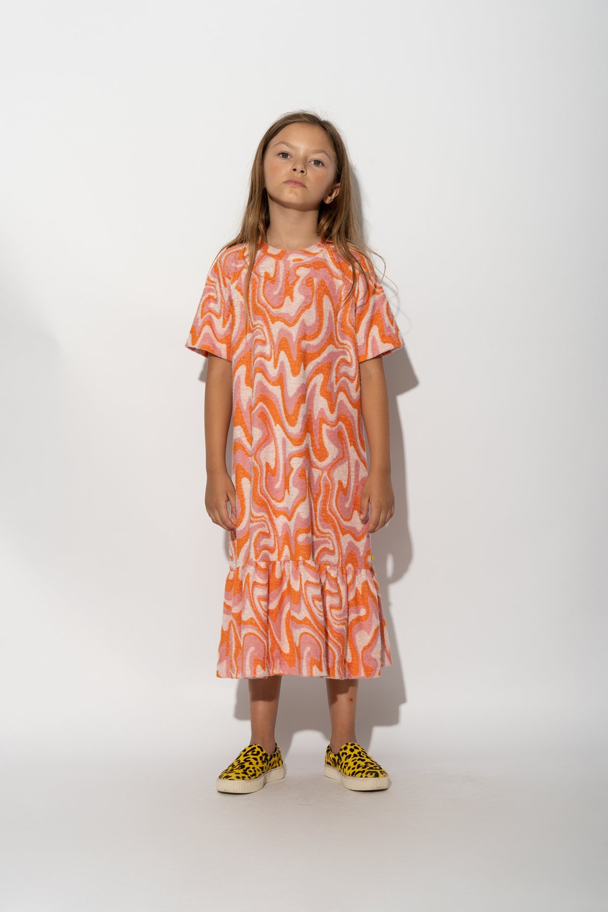 TERRY WAVY PRINT GATHERED DRESS ma kids