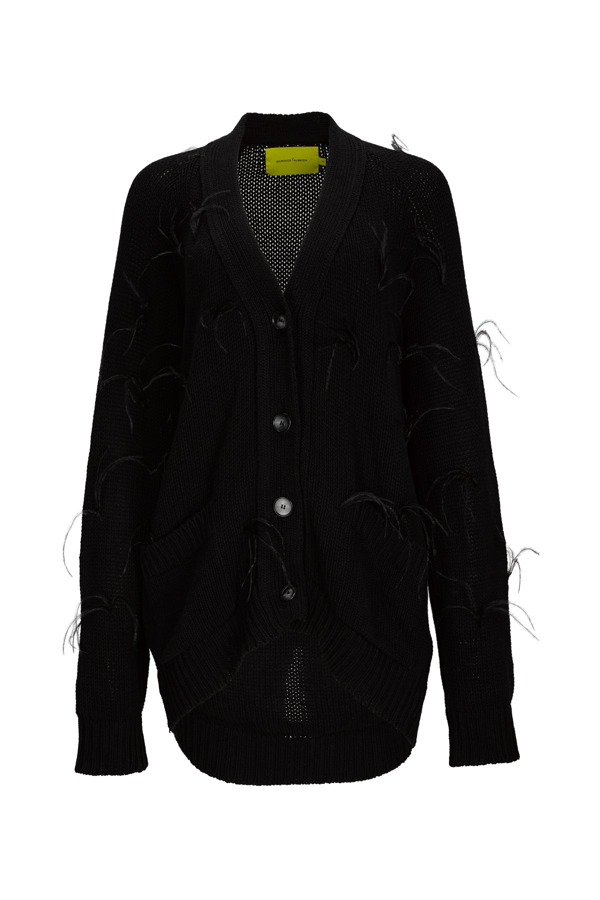 BLACK MERINO WOOL OVERSIZE CARDIGAN WITH FEATHERS