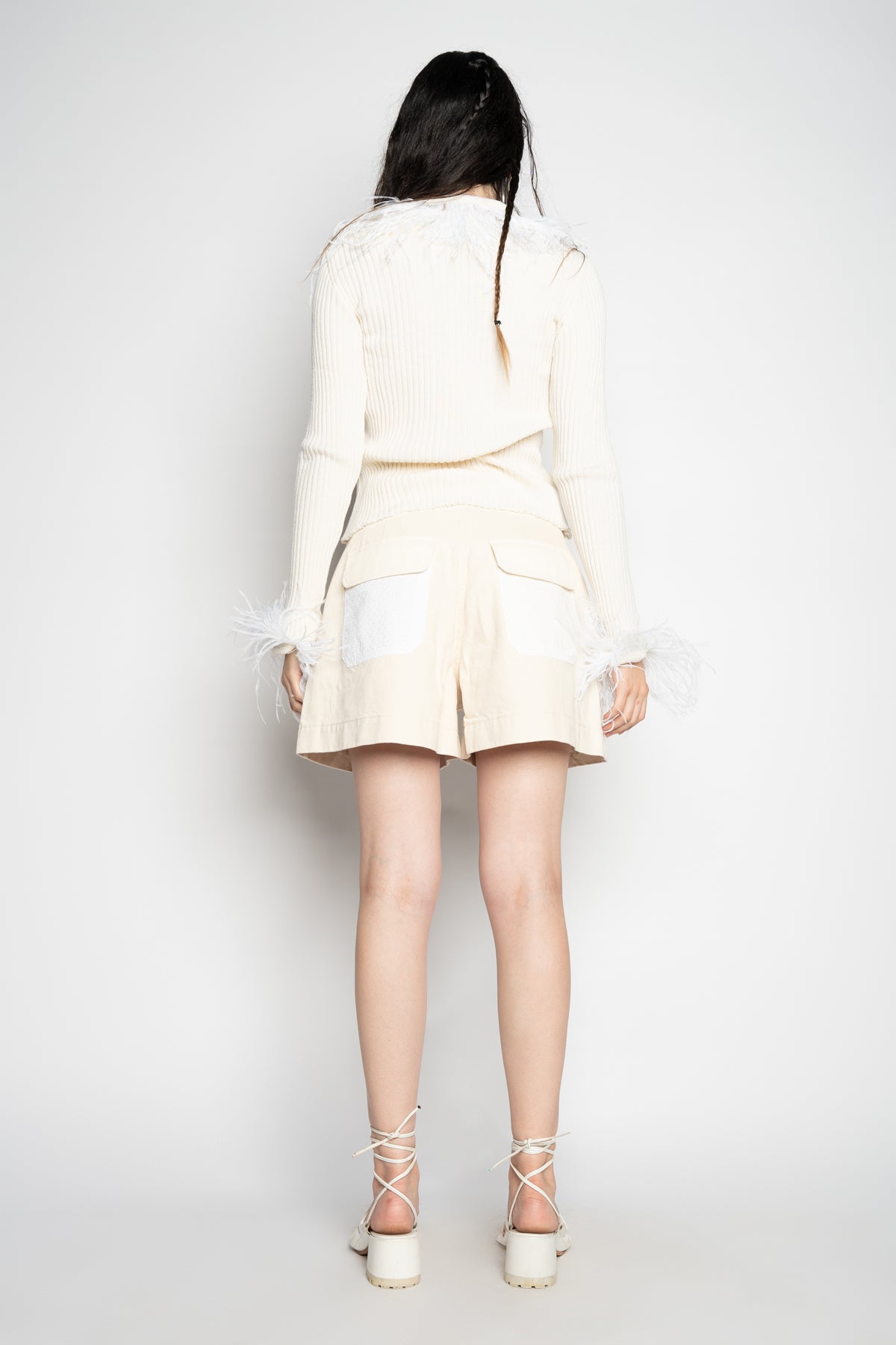 WHITE MERINO WOOL FITTED CARDIGAN WITH FEATHERS MARQUES ALMEIDA