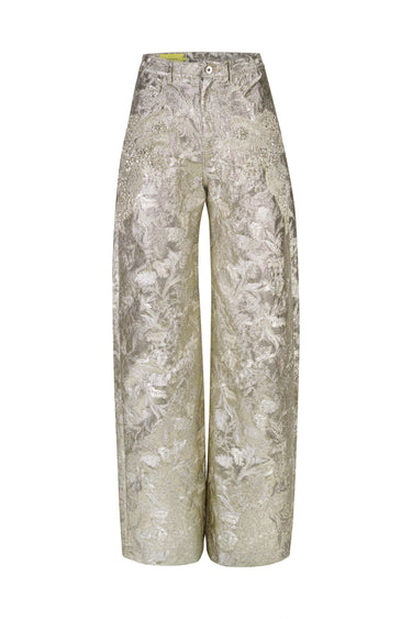 WHITE METALLIC BROCADE EMBELLISHED BOYFRIEND TROUSERS MARQUES ALMEIDA