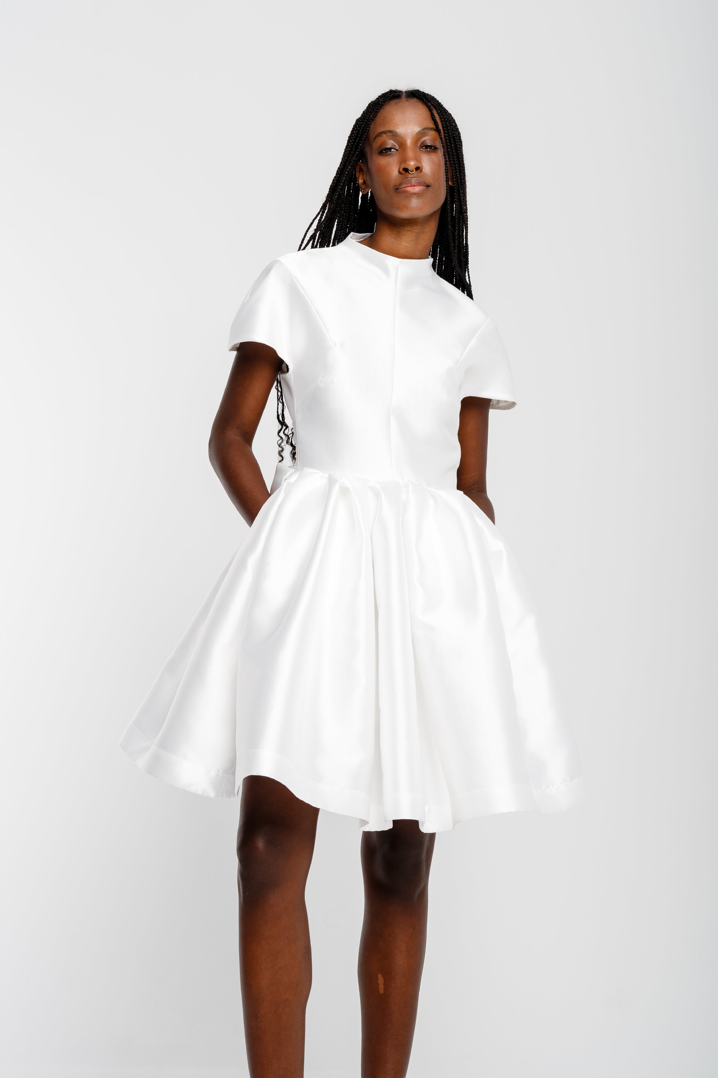 short white puff sleeve dress LaDivine CD0187W Tea Length A Line Glitter Print Wedding Dress
