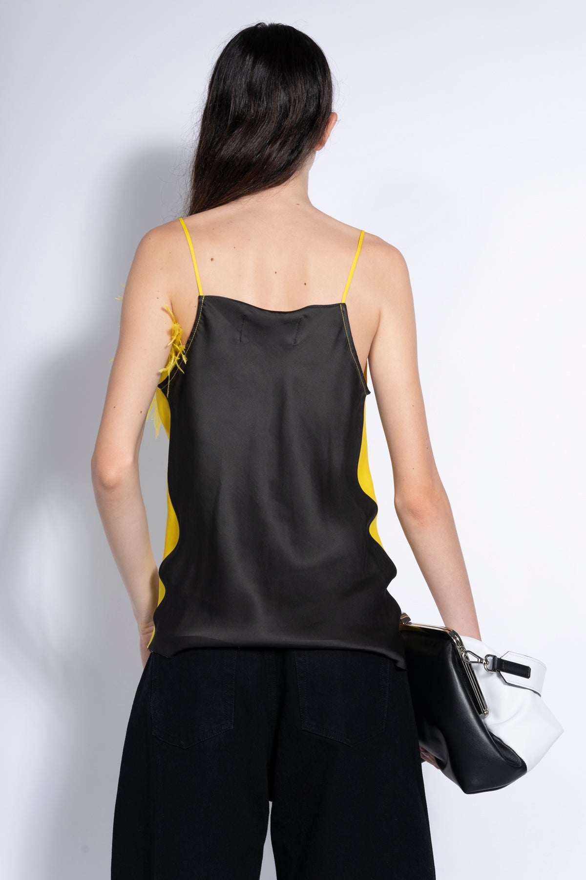 BLACK AND YELLOW FEATHER DRAPED SLIP TOP marques almeida