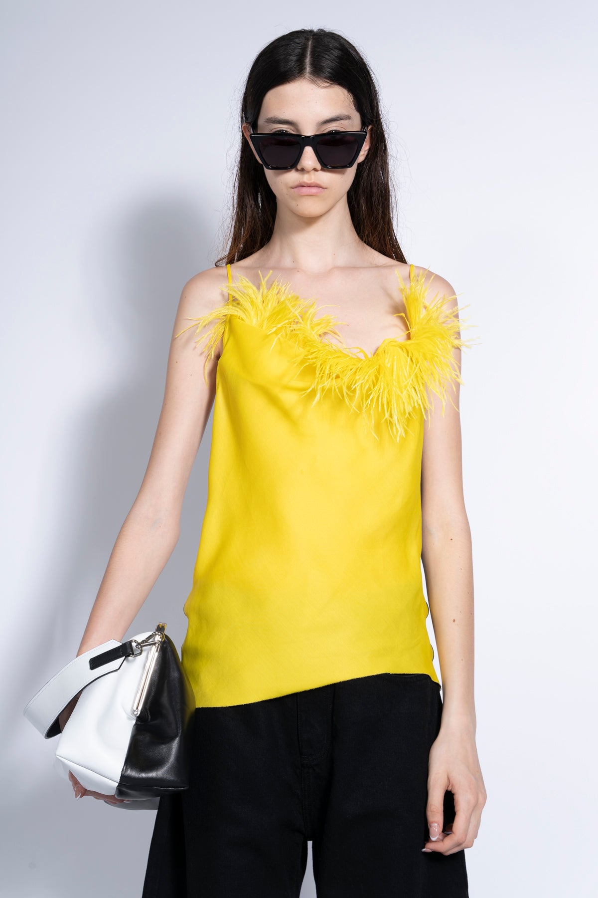BLACK AND YELLOW FEATHER DRAPED SLIP TOP marques almeida