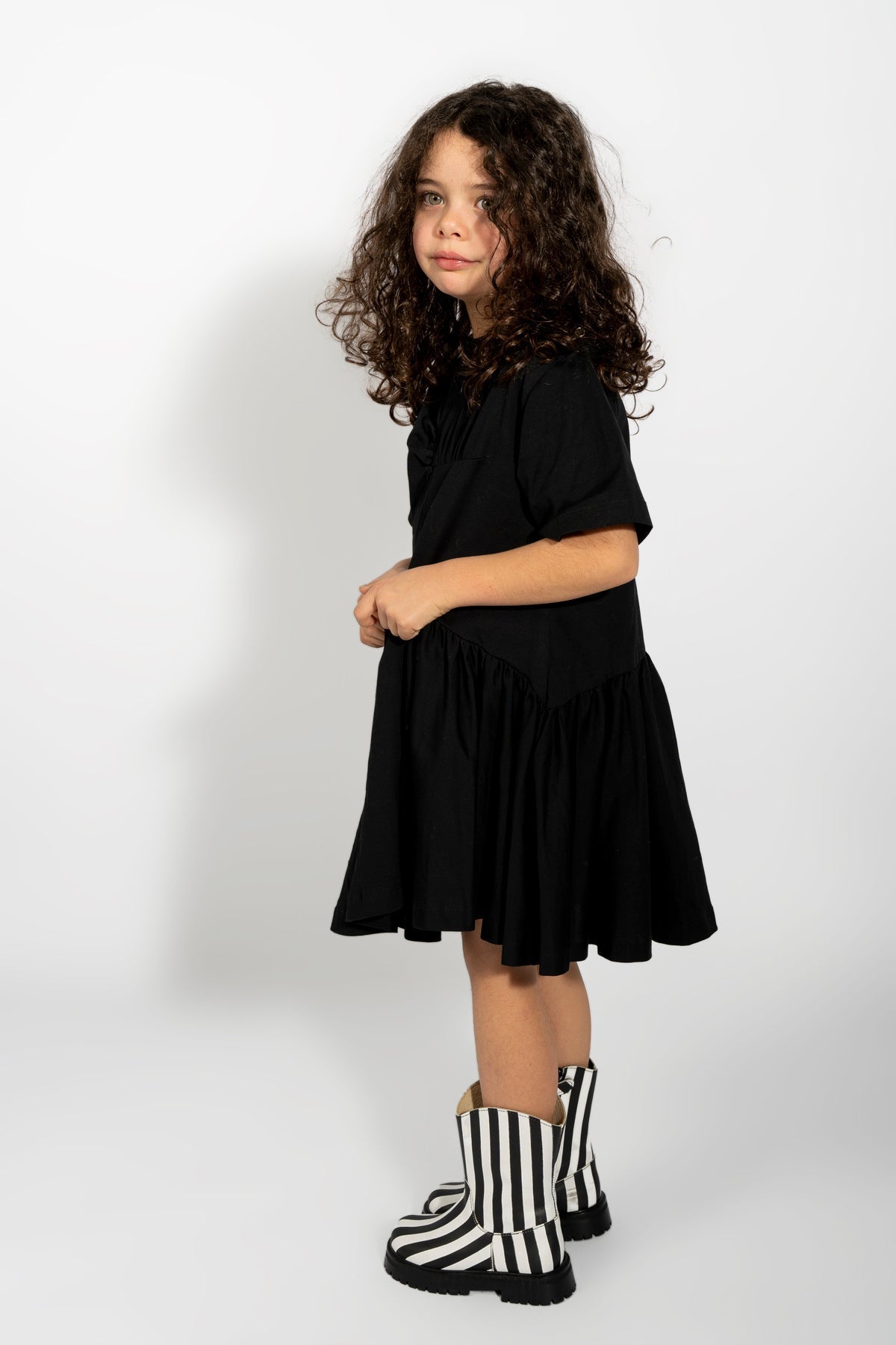 BLACK GATHERED JERSEY T-SHIRT DRESS MA KIDS