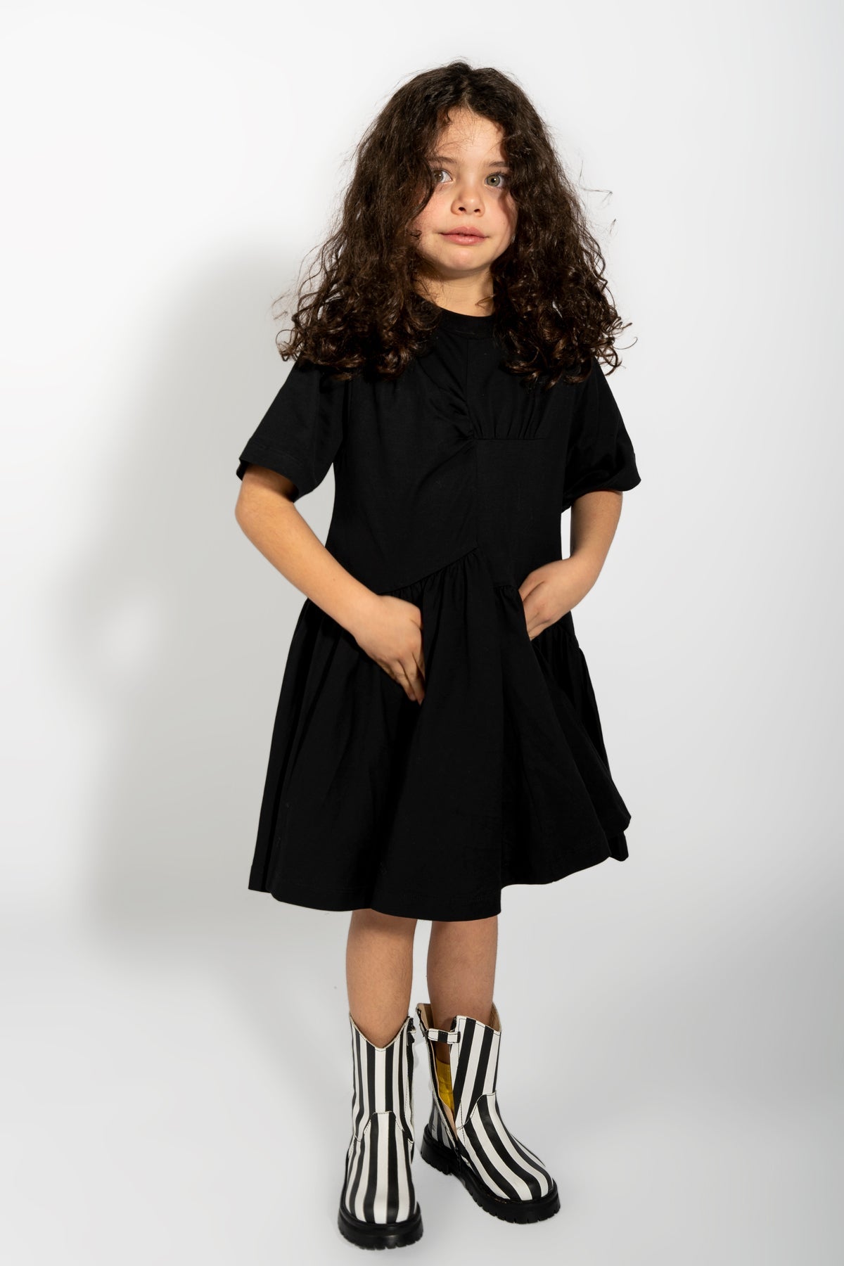 BLACK GATHERED JERSEY T-SHIRT DRESS MA KIDS