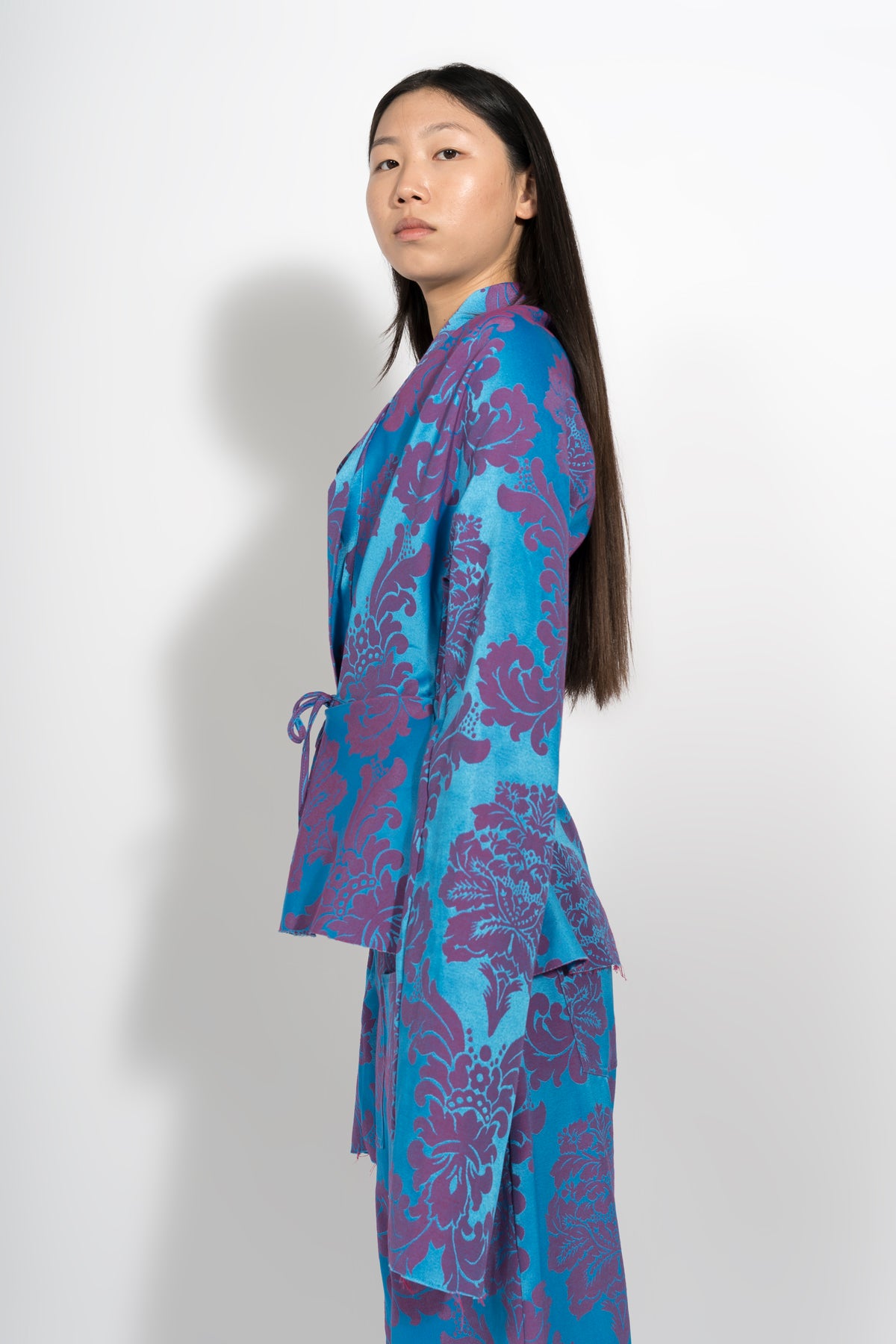 BLUE BROCADE DRAPED FITTED JACKET marques almeida