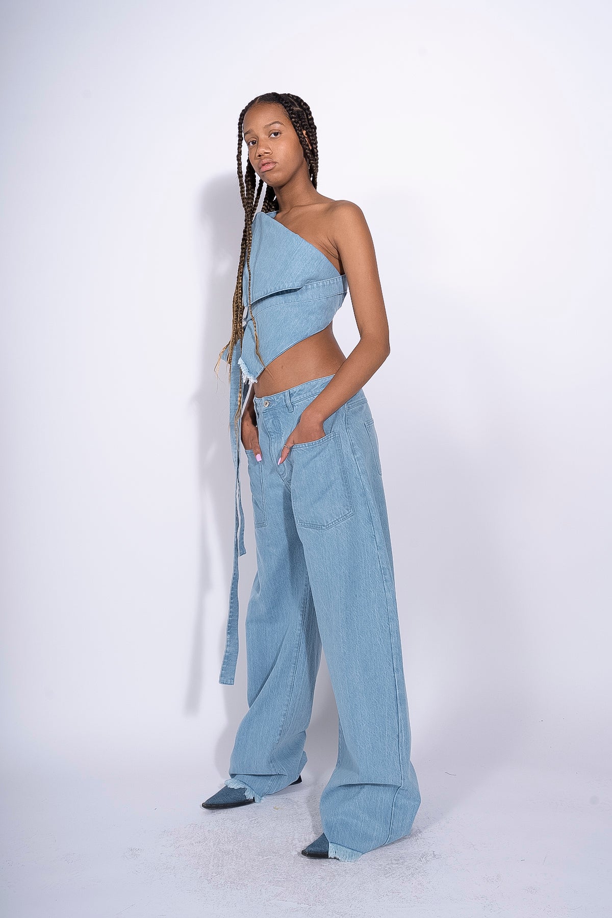 BLUE DENIM PATCH POCKET BOYFRIEND TROUSERS marques almeida