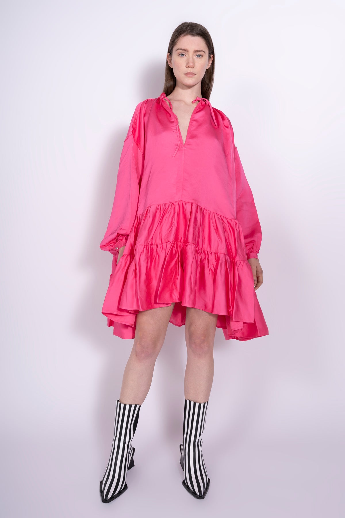 BRIGHT PINK OVERSIZED TIERED GATHERED DRESS MARQUES ALMEIDA