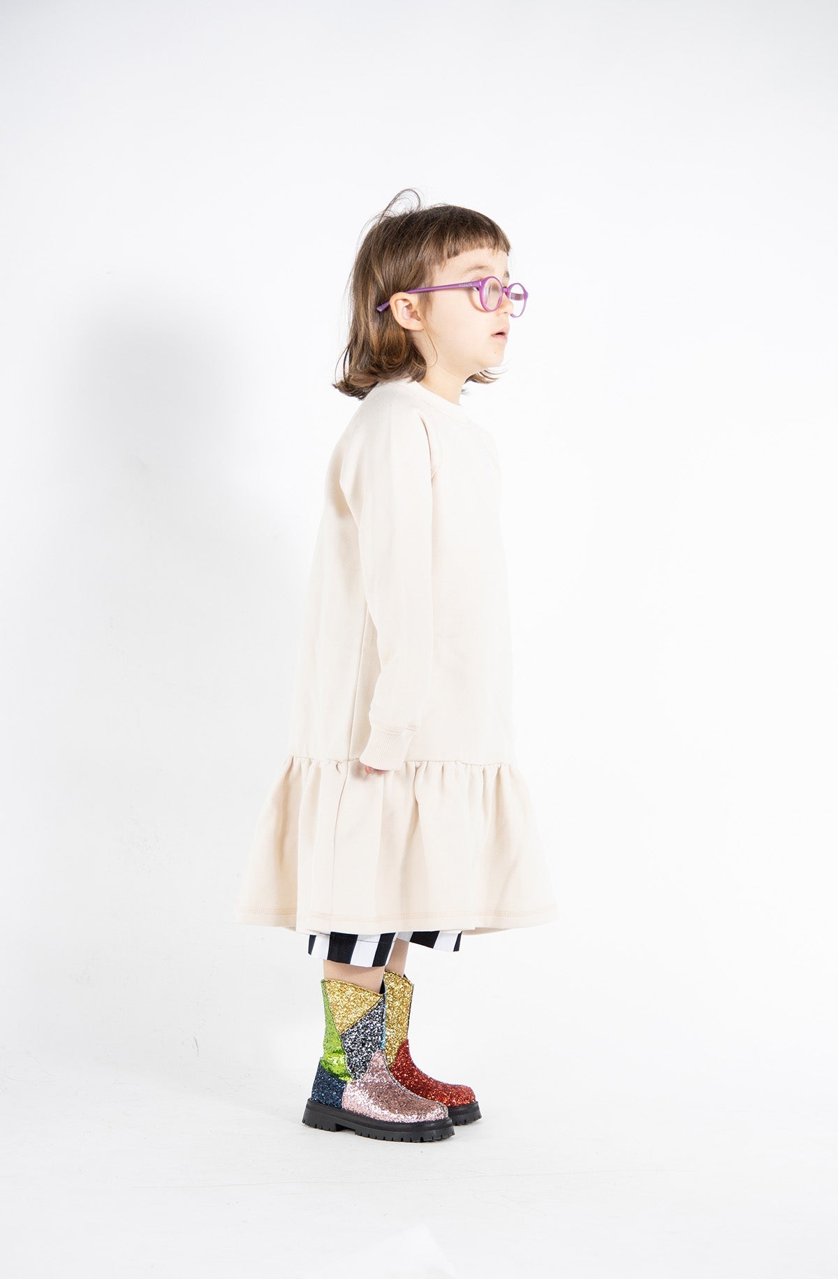 CREW NECK GATHERED DRESS IN OFF WHITE ma kids