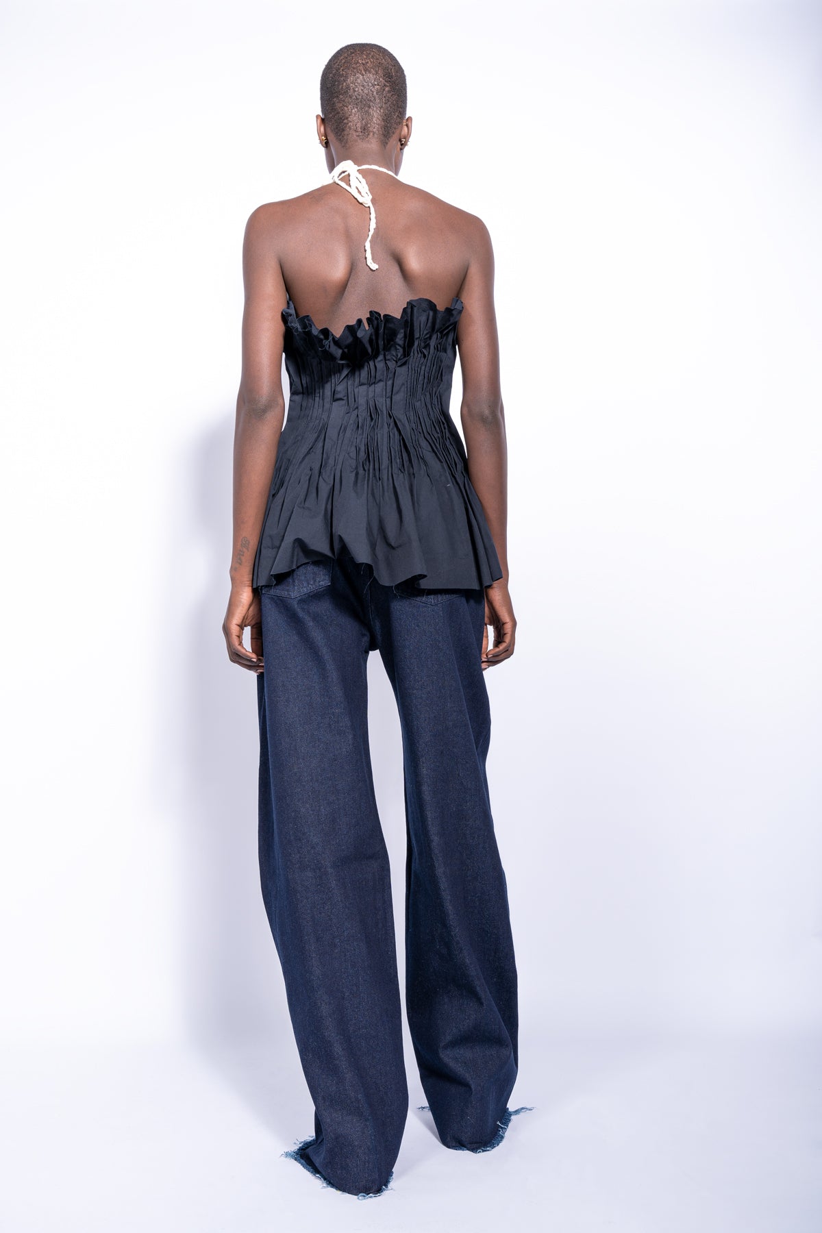 NAVY CINCHED PLEATED WITH CROCHET BRA TOP – MARQUES ' ALMEIDA