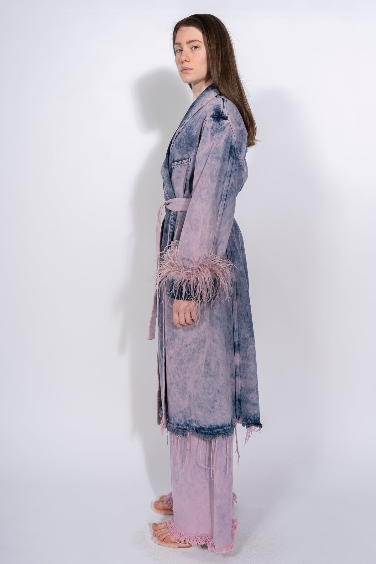 DRESSING GOWN STYLE COAT WITH FEATHERS INSERT marques almeida