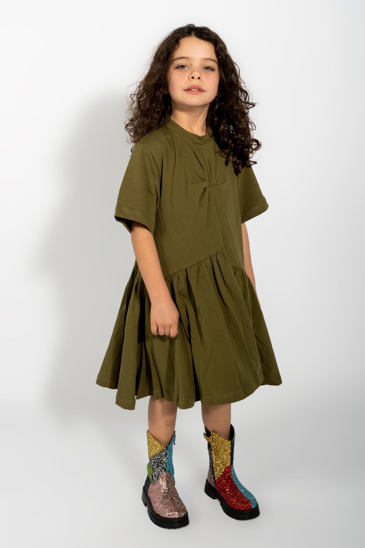 KHAKI GATHERED JERSEY T-SHIRT DRESS MA KIDS