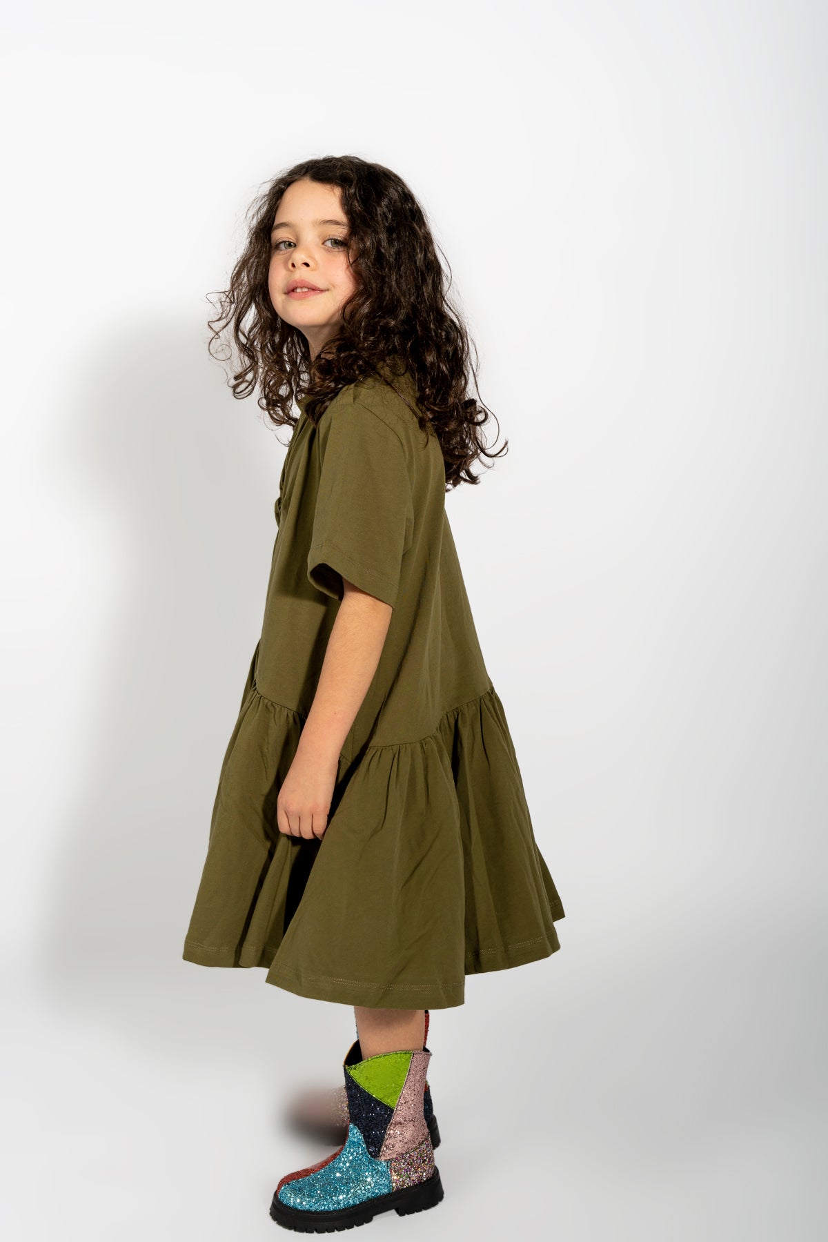 KHAKI GATHERED JERSEY T-SHIRT DRESS MA KIDS