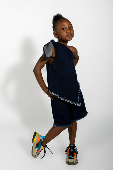 NAVY DENIM ONE SHOULDER KNOT TOP