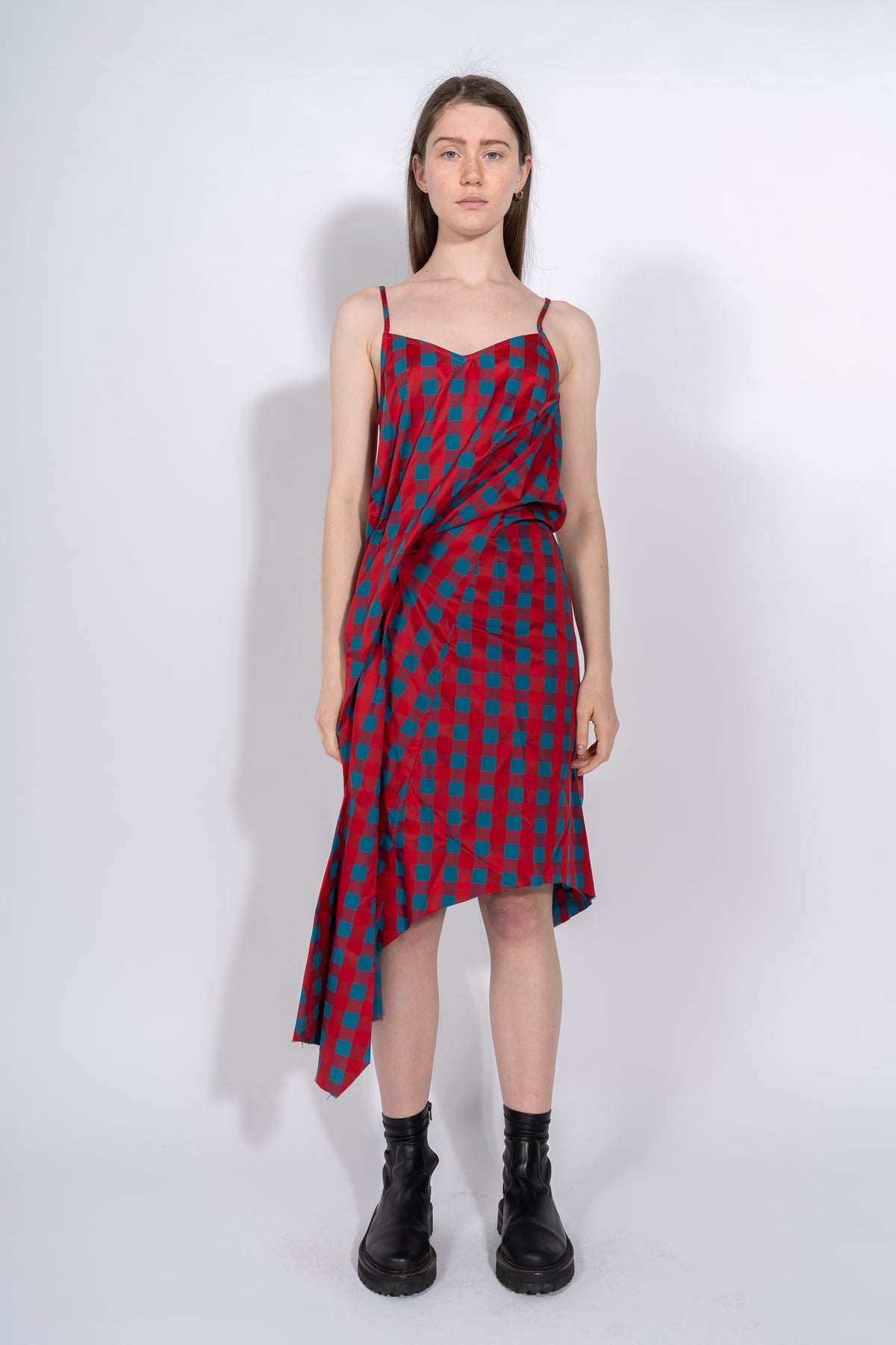 RED AND BLUE GINGHAM DRAPED SLIP DRESS marques almeida