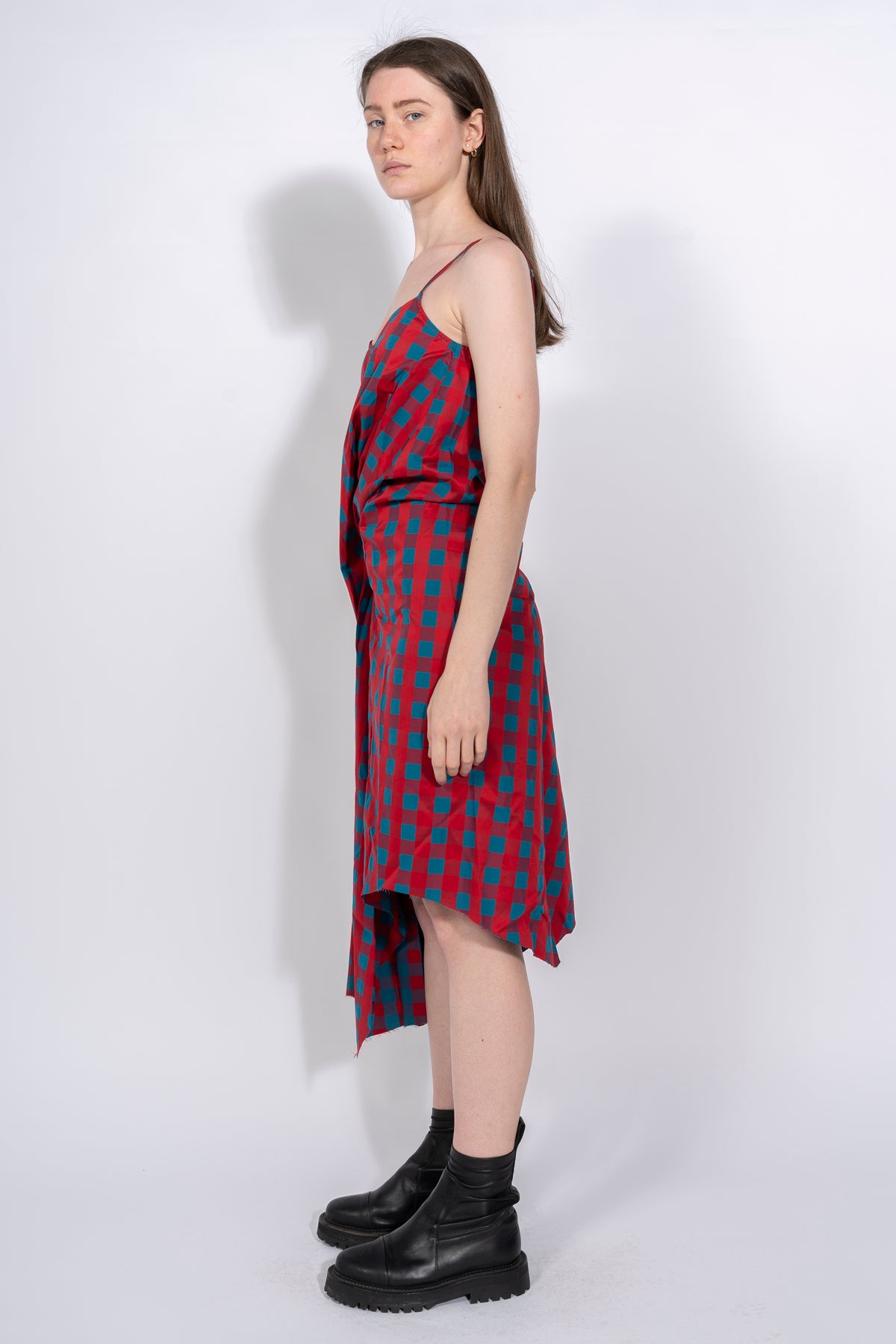RED AND BLUE GINGHAM DRAPED SLIP DRESS marques almeida