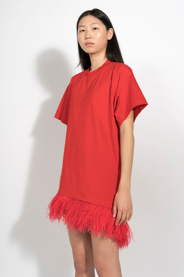 RED FEATHER HEM T-SHIRT DRESS - Main Image